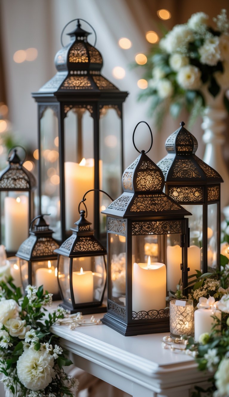 A table decorated with elegant lanterns glowing with LED candles surrounded by flowers and greenery.
